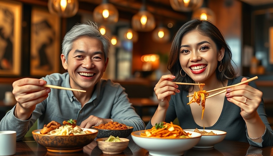 Happy diners enjoying a meal at an Asian food franchise.