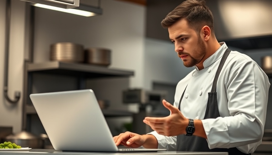 Chef exploring franchises under 20k on laptop in kitchen.