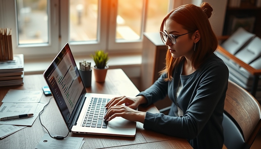 Young woman working on monetization tools at desk.