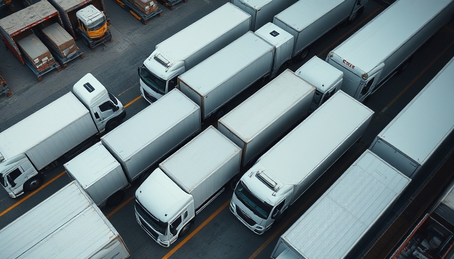 Aerial view of box trucks at warehouse for box truck business.