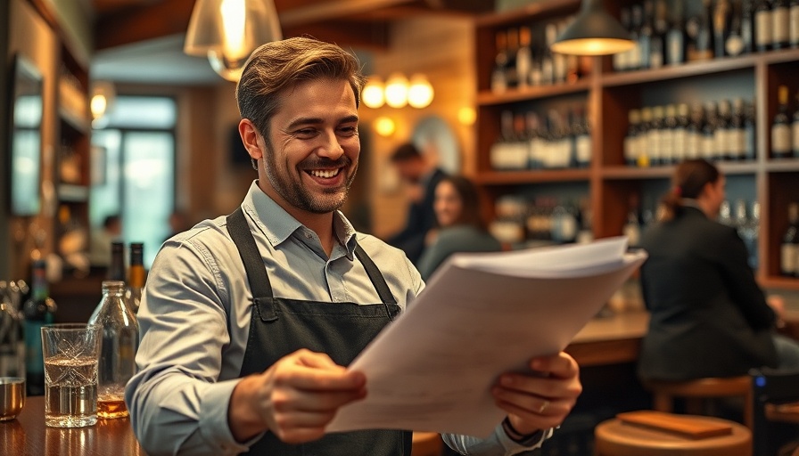 Bar manager reviewing salary documents in cozy bar setting