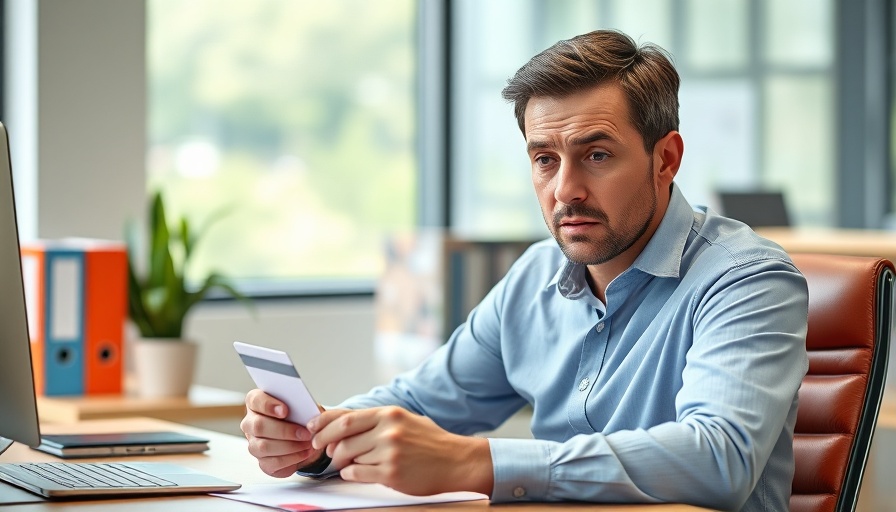 Concerned man examining credit card for Norton scams, modern office.