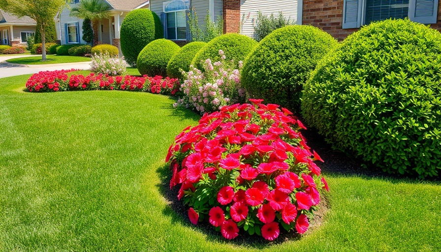 Beautifully maintained lawn and garden in front of a white house, perfect for lawn care business.