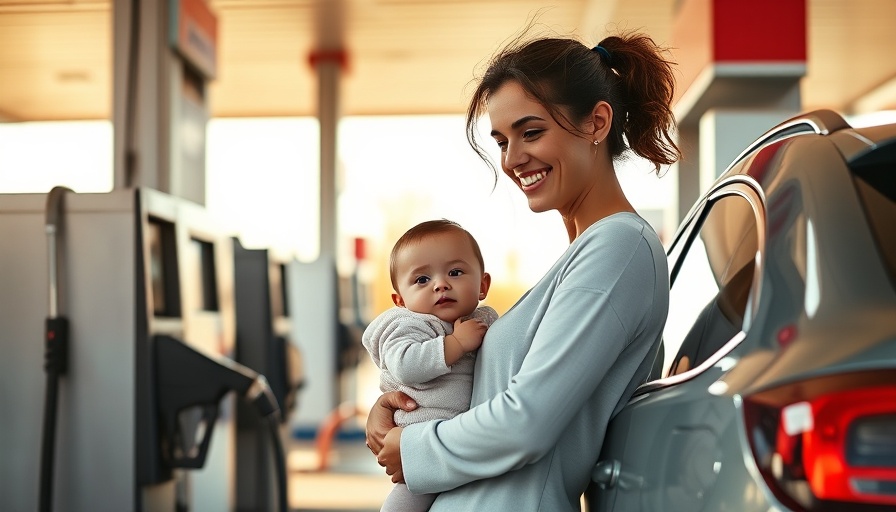 Young woman at gas station with baby, demonstrating GasBuddy Savings benefits.