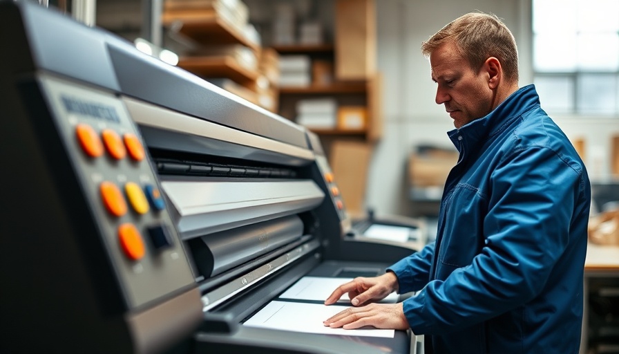 Man operating industrial printer in print services workshop.