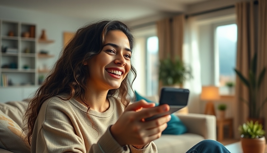 Young woman smiling on sofa in cozy room, AmEx Blue Cash Preferred.