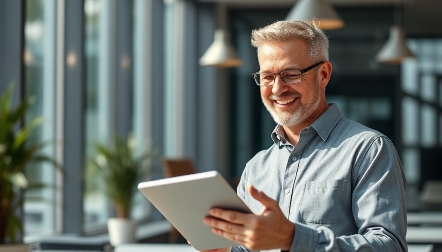 Smiling man in office planning business strategy on tablet.