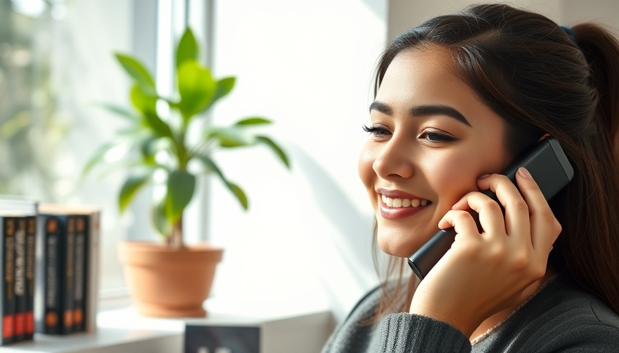 Young woman offers free legal advice over phone in modern office.