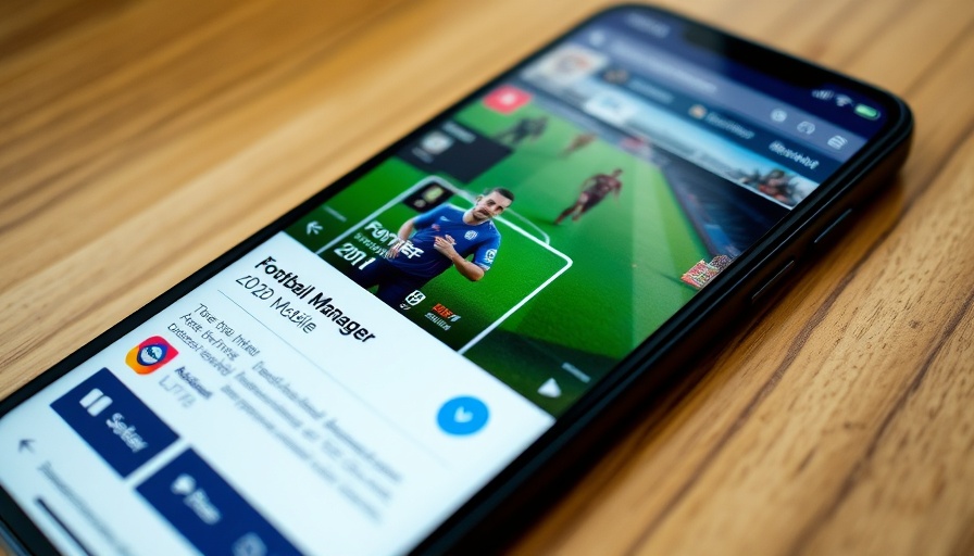 Football Manager 2020 Mobile app displayed on smartphone, gaming icon visible.