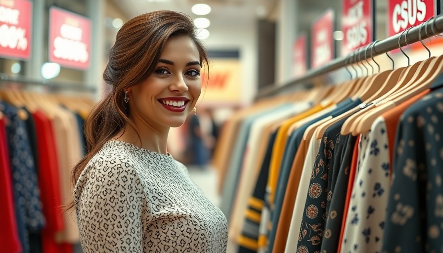 Elegant woman shopping for clothes at a store with discount signs.