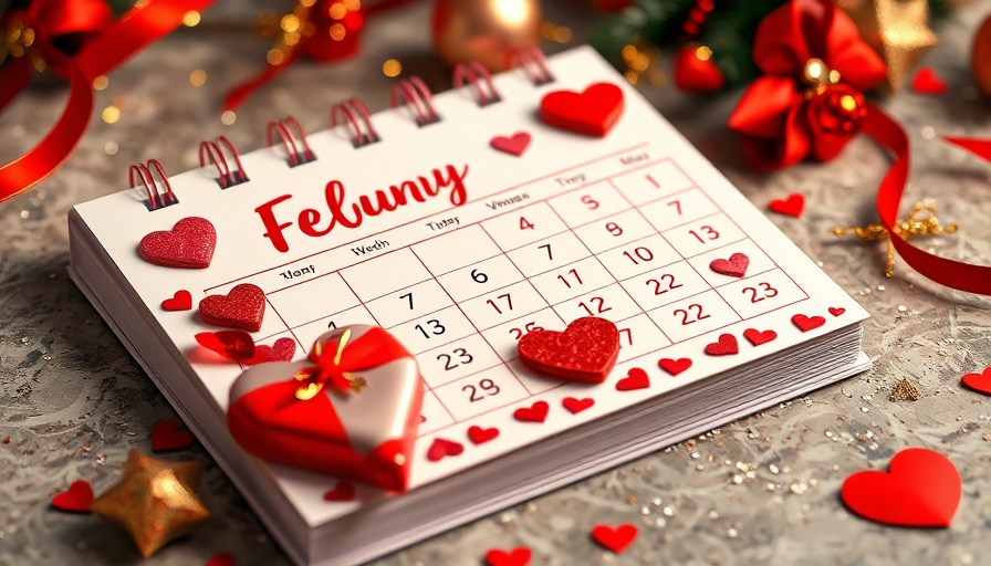 February marketing calendar with hearts and gifts decoration.