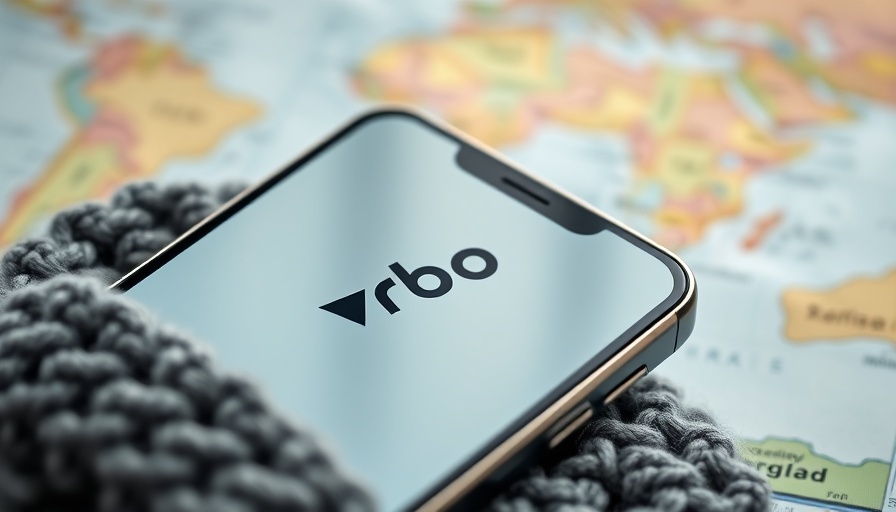Vrbo logo on smartphone over map and fabric background.