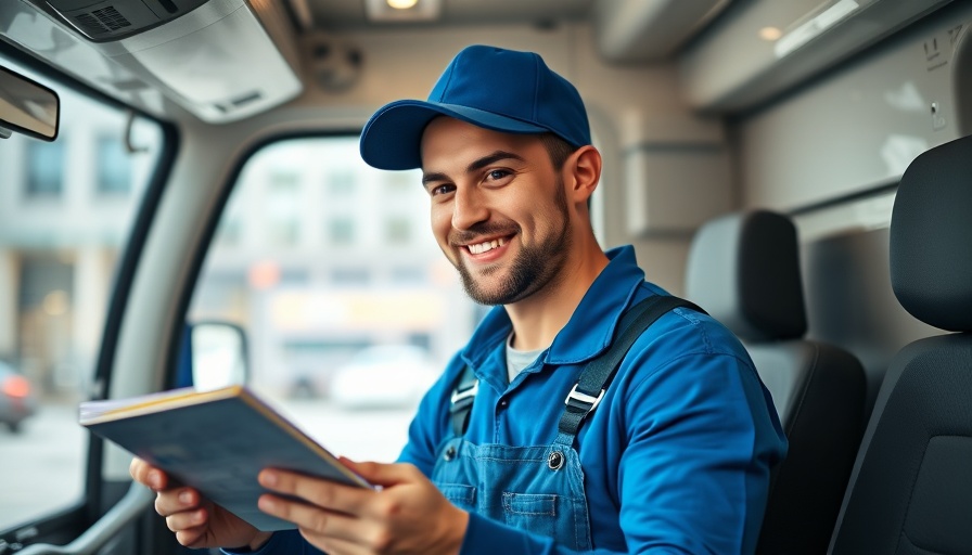 Smiling Walmart Delivery Driver inside van reviewing schedule.