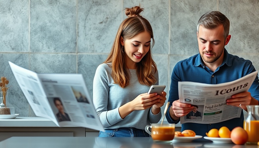 Couple at breakfast discussing mortgage rates, woman on phone.