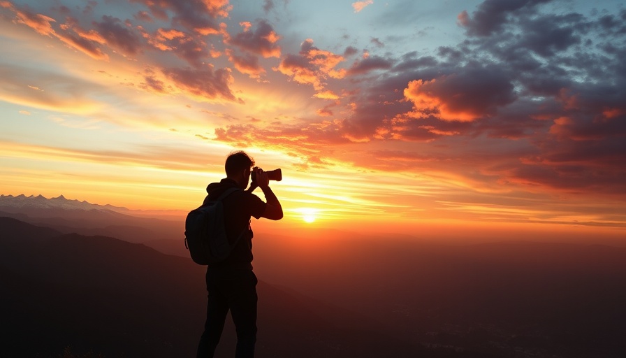 Sell photos online with a silhouetted photographer capturing a sunrise over mountains.