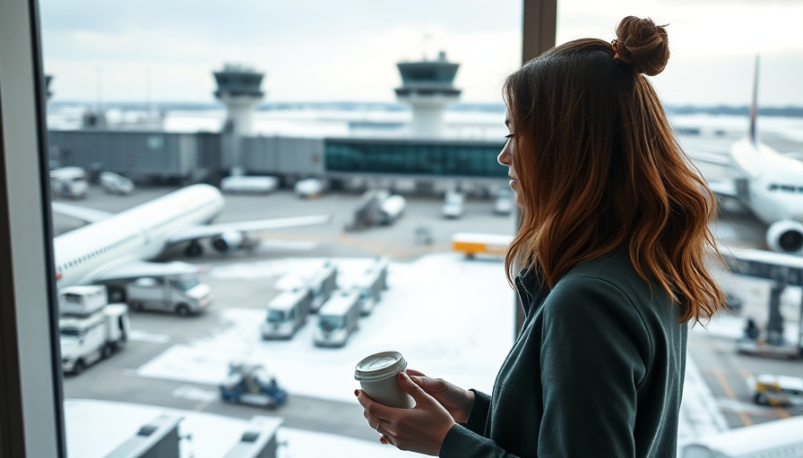 Traveler at snowy airport for Presidents Day travel.