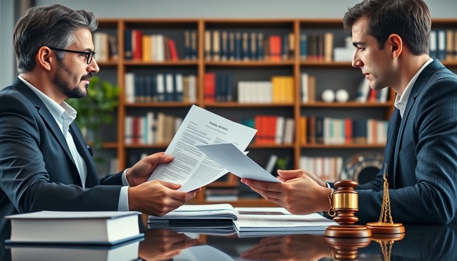 Hands discussing legal documents in a modern office setting.