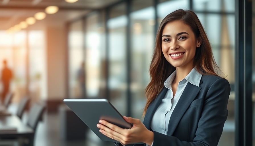 Smiling woman using tablet in modern office, selling digital products.