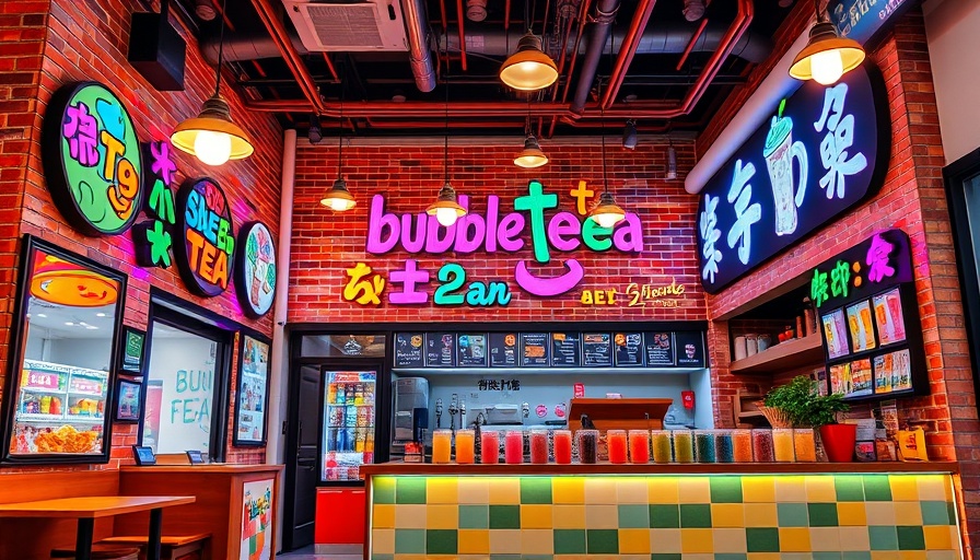 Vibrant bubble tea shop interior with colorful branding, Bubble Tea Franchise.