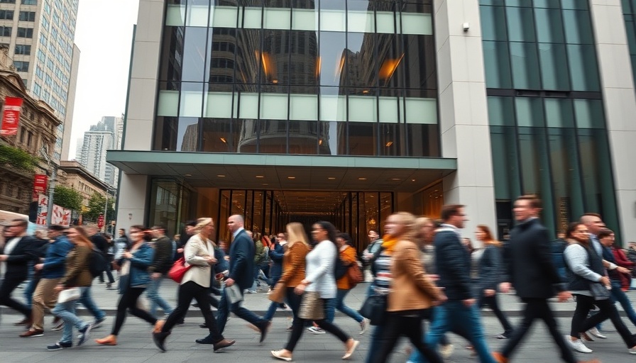 Pedestrians walk past Amazon office, showcasing AI in the workplace.