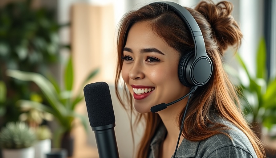 Young woman starting a podcast in a home studio.