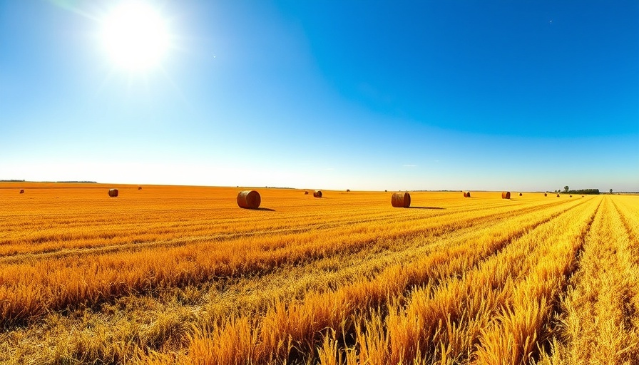 Sunlit hay field with bales under a clear blue sky, hay farming.