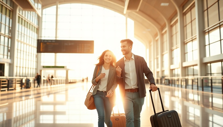 Happy couple in airport terminal with luggage using Companion Pass.