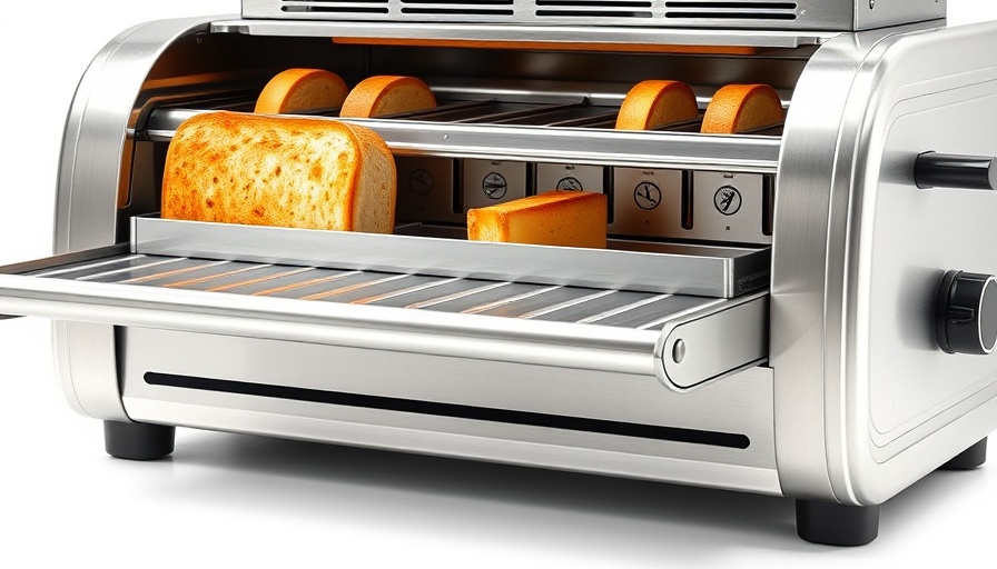 Conveyor toaster with toast slices and bagels on a clean white background.