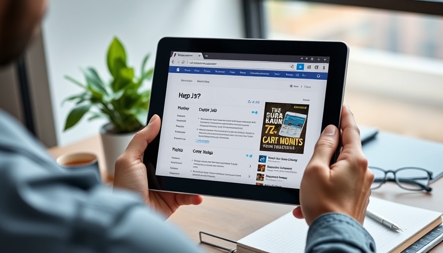 Tablet displaying job search site on desk with plant and notebook.