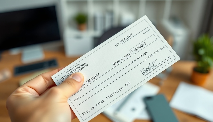 Close-up of a hand holding a U.S. Treasury check and envelope for tax refund.