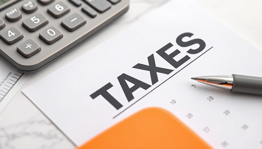 Tax documents and calculator with pen on marble, tax preparation.