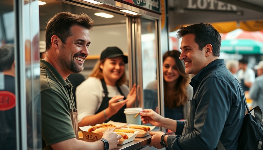 Friendly food truck vendors serving customers hot dogs at a busy market.