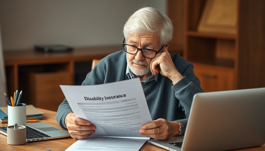 Elderly person holding disability insurance doc, focused review, wooden desk.