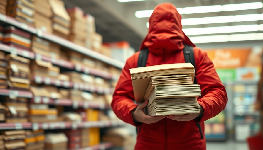 Shopper carrying bulk products in a supermarket, illustrating tariff-induced price increases.