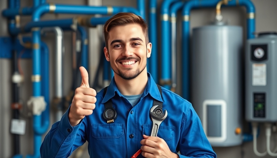 Smiling plumber holding wrench, showcasing plumbing tools.