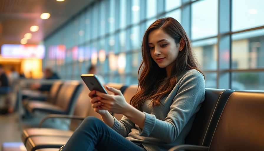 Woman relaxed in airport with phone, representing travel rewards.