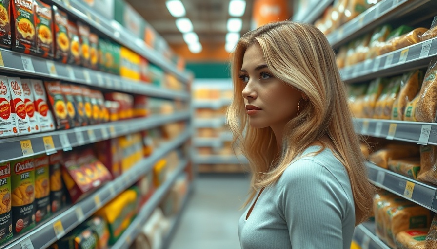 Woman shopping pasta in grocery aisle, considering prices.