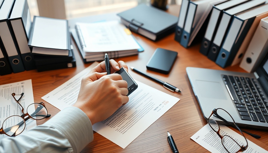 Modern desk with calculator, laptop, cost accounting documents and binders.