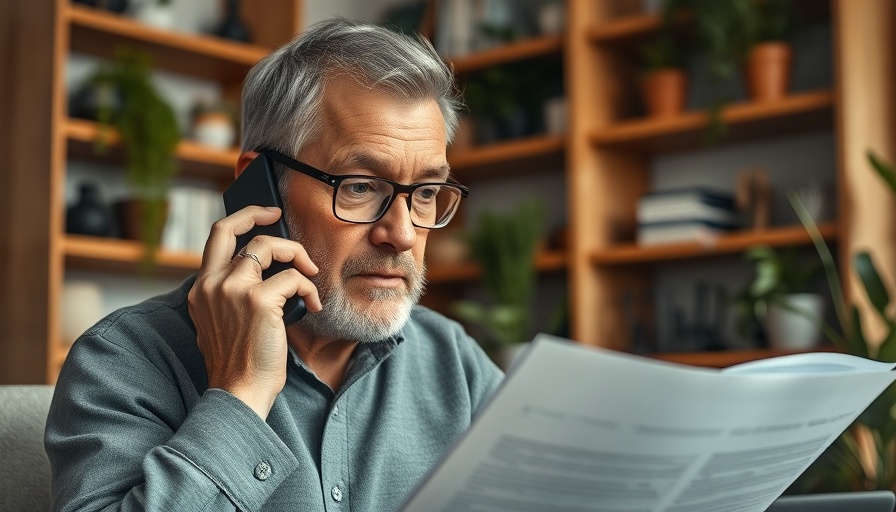 Middle-aged man on phone reviewing documents in home office.