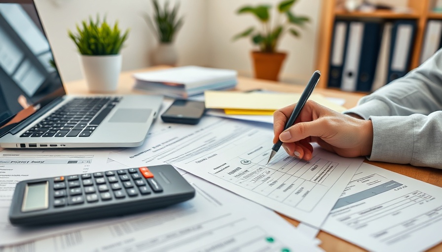 Organized workspace with laptop, tax documents, and a person working.