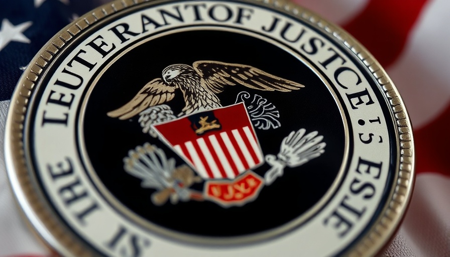 Department of Justice emblem with American flag backdrop