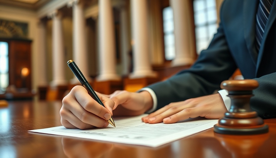 Professional signing document with courthouse context, legal expertise wealth planning