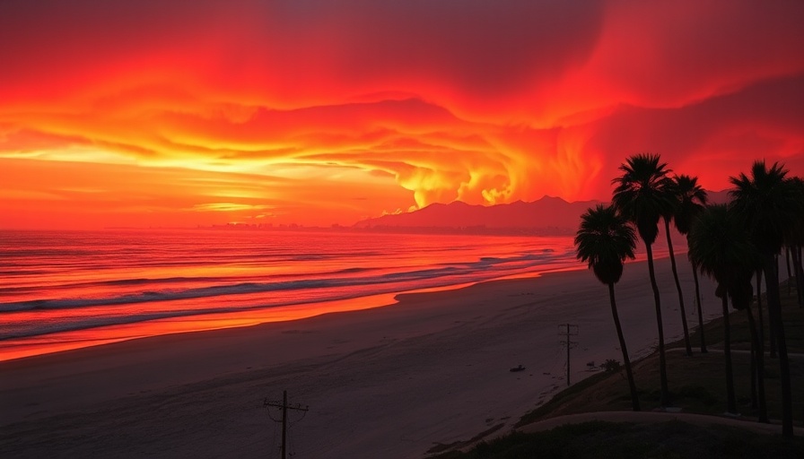 Wildfire landscape near Los Angeles coastline palm trees, intense glow.