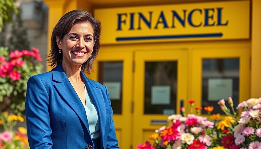 Confident woman outside a financial office, SBA 504 loan context.