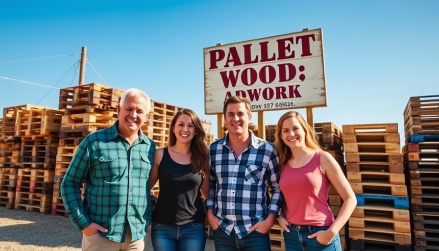 Family business owners standing together smiling in front of woodwork sign.