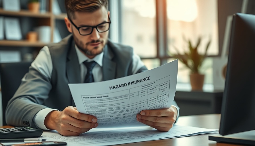 Business professional examining hazard insurance form on laptop.