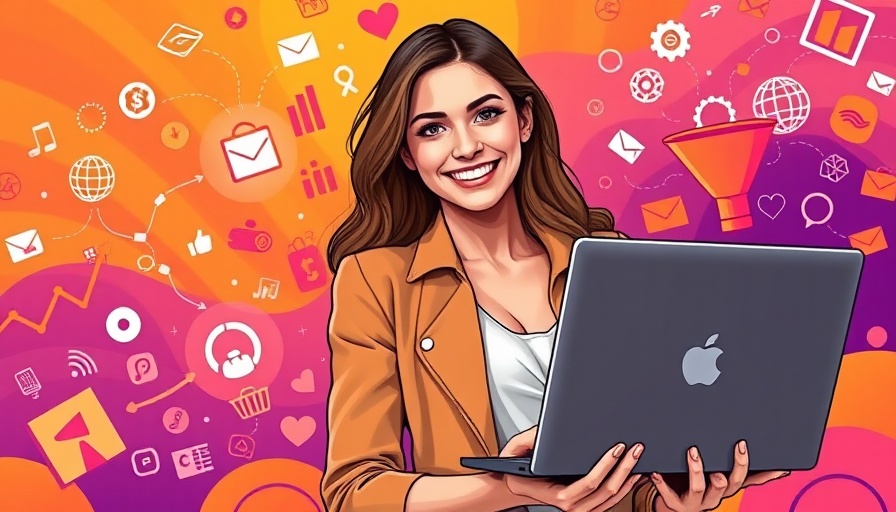 Stylish young woman with laptop, B2B marketing funnel concept, vibrant design.