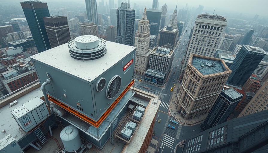 Aerial view of industrial HVAC system on city rooftop, showcasing detailed machinery.