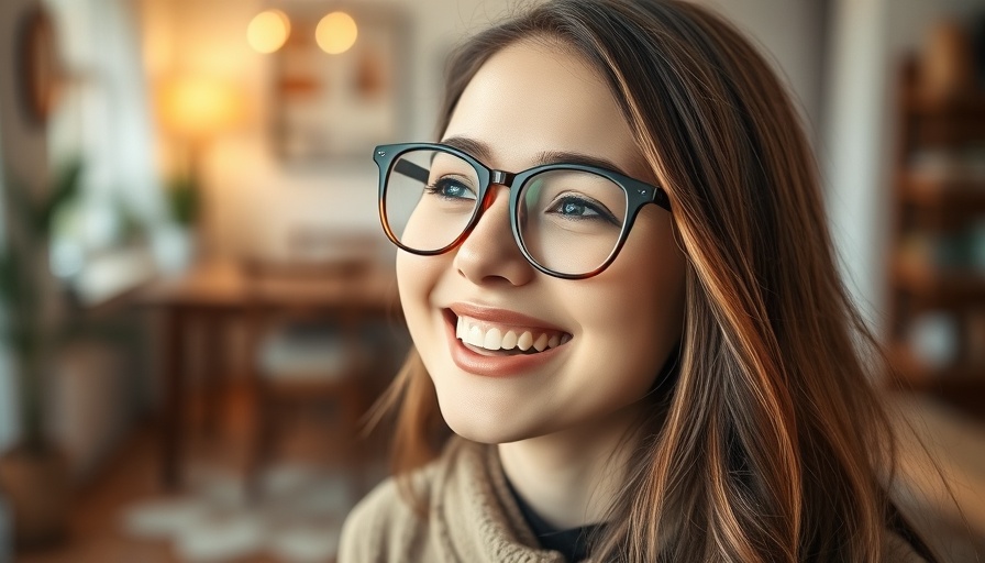 Cheerful young woman with glasses smiling warmly indoors.