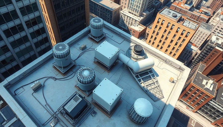 Rooftop HVAC system on city building, aerial view.